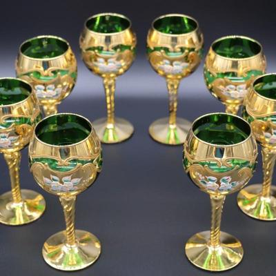 Antique Moser Green Glass and Gold Enamel Floral Design Wine and Champagne Glasses with Vase