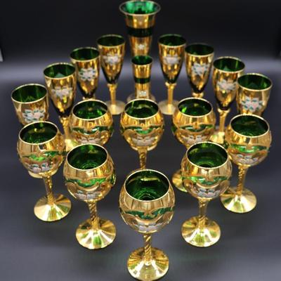 Antique Moser Green Glass and Gold Enamel Floral Design Wine and Champagne Glasses with Vase