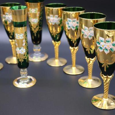 Antique Moser Green Glass and Gold Enamel Floral Design Wine and Champagne Glasses with Vase