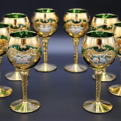 Antique Moser Green Glass and Gold Enamel Floral Design Wine and Champagne Glasses with Vase