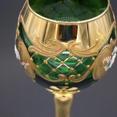 Antique Moser Green Glass and Gold Enamel Floral Design Wine and Champagne Glasses with Vase