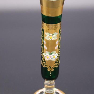 Antique Moser Green Glass and Gold Enamel Floral Design Wine and Champagne Glasses with Vase