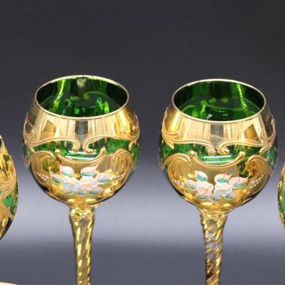 Antique Moser Green Glass and Gold Enamel Floral Design Wine and Champagne Glasses with Vase