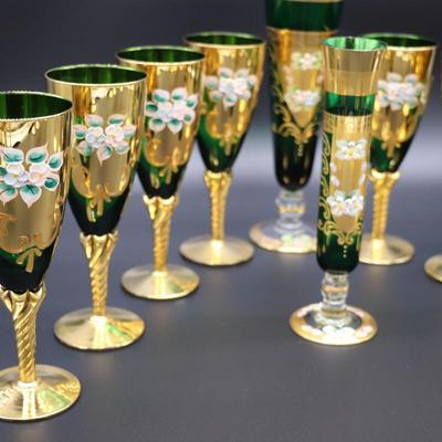 Antique Moser Green Glass and Gold Enamel Floral Design Wine and Champagne Glasses with Vase