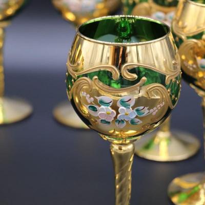 Antique Moser Green Glass and Gold Enamel Floral Design Wine and Champagne Glasses with Vase