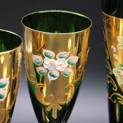 Antique Moser Green Glass and Gold Enamel Floral Design Wine and Champagne Glasses with Vase