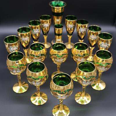 Antique Moser Green Glass and Gold Enamel Floral Design Wine and Champagne Glasses with Vase