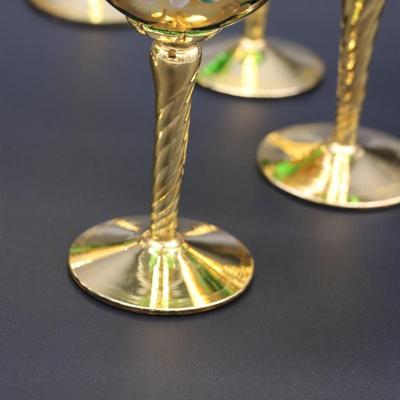 Antique Moser Green Glass and Gold Enamel Floral Design Wine and Champagne Glasses with Vase