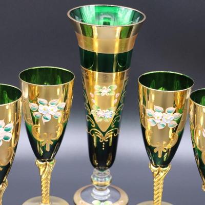 Antique Moser Green Glass and Gold Enamel Floral Design Wine and Champagne Glasses with Vase