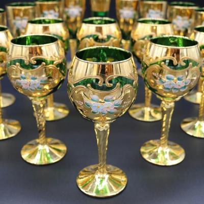 Antique Moser Green Glass and Gold Enamel Floral Design Wine and Champagne Glasses with Vase