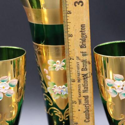 Antique Moser Green Glass and Gold Enamel Floral Design Wine and Champagne Glasses with Vase