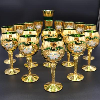 Antique Moser Green Glass and Gold Enamel Floral Design Wine and Champagne Glasses with Vase