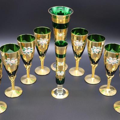 Antique Moser Green Glass and Gold Enamel Floral Design Wine and Champagne Glasses with Vase