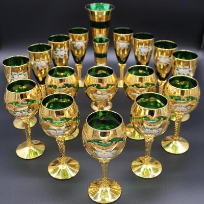 Antique Moser Green Glass and Gold Enamel Floral Design Wine and Champagne Glasses with Vase
