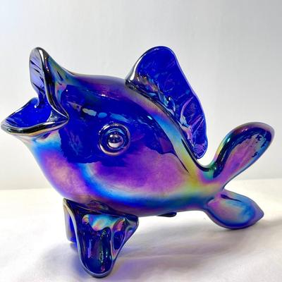 Gibson cobalt blue carnival glass fish
