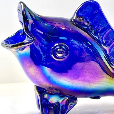 Gibson cobalt blue carnival glass fish
