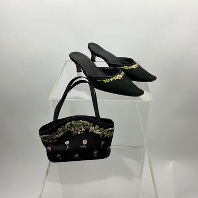Lot 467 Chelsea Textiles Black with Silk Embroidered Mules ( Size 10) & Matching Handbag