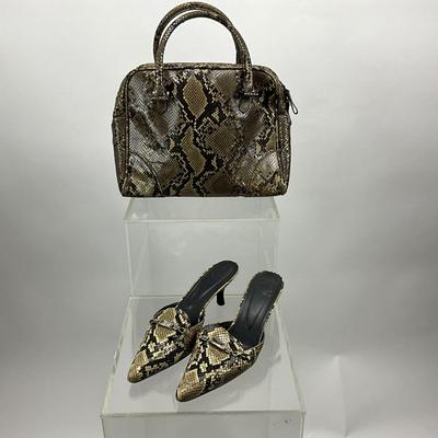 Lot 468 Stuart Weitzman, Snakeskin Mules ( Size 10 ) & Via Spiga Matching Handbag