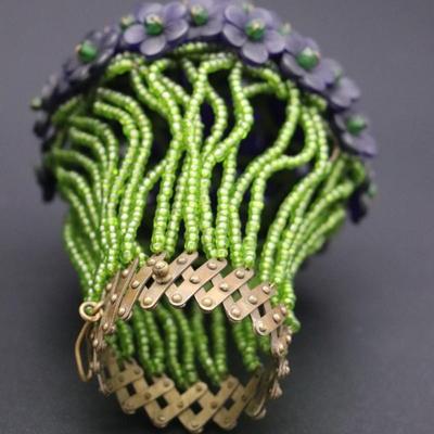 Lot of 2 Purple and Green Flower Beaded Czechoslovakian Bulb Cover Lamp Shades