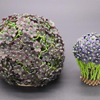 Lot of 2 Purple and Green Flower Beaded Czechoslovakian Bulb Cover Lamp Shades