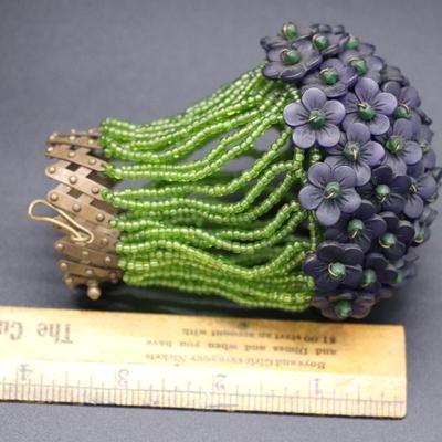 Lot of 2 Purple and Green Flower Beaded Czechoslovakian Bulb Cover Lamp Shades