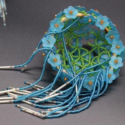 Antique Lot of 5 Blue Flower Beaded Czechoslovakian Bulb Cover Shades