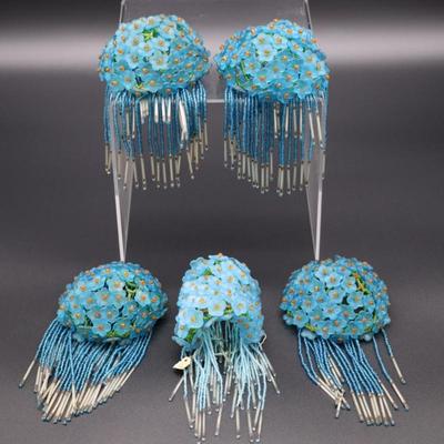 Antique Lot of 5 Blue Flower Beaded Czechoslovakian Bulb Cover Shades