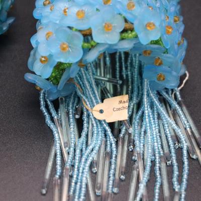 Antique Lot of 5 Blue Flower Beaded Czechoslovakian Bulb Cover Shades