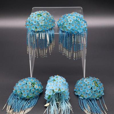Antique Lot of 5 Blue Flower Beaded Czechoslovakian Bulb Cover Shades
