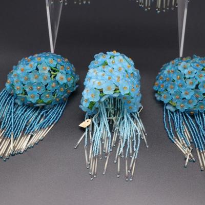 Antique Lot of 5 Blue Flower Beaded Czechoslovakian Bulb Cover Shades