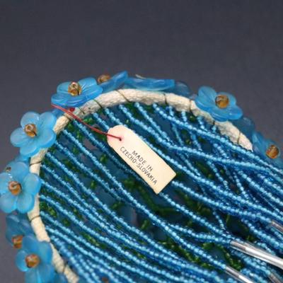 Antique Lot of 5 Blue Flower Beaded Czechoslovakian Bulb Cover Shades
