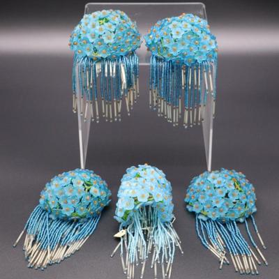 Antique Lot of 5 Blue Flower Beaded Czechoslovakian Bulb Cover Shades