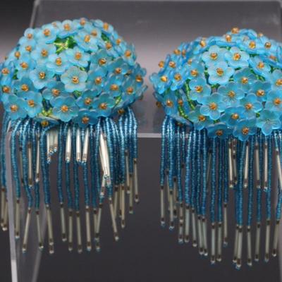 Antique Lot of 5 Blue Flower Beaded Czechoslovakian Bulb Cover Shades