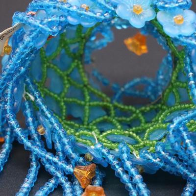 Antique Czechoslovakian Blue and Orange Flower Beaded Bulb Cover Lamp Shade