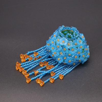 Antique Czechoslovakian Blue and Orange Flower Beaded Bulb Cover Lamp Shade