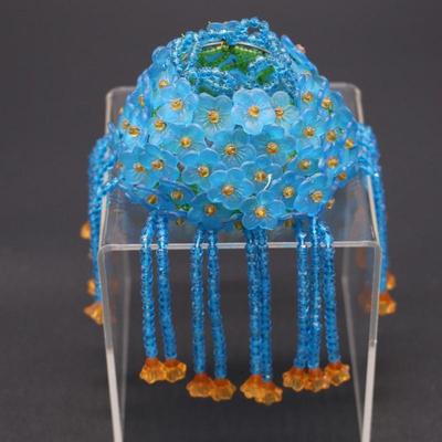 Antique Czechoslovakian Blue and Orange Flower Beaded Bulb Cover Lamp Shade