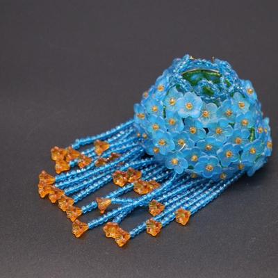 Antique Czechoslovakian Blue and Orange Flower Beaded Bulb Cover Lamp Shade