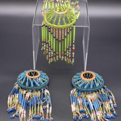 Lot of 3 Blue and Green 1920s Czech Beaded Lamp Shade Bulb Covers