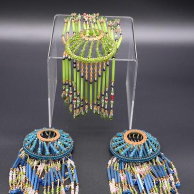 Lot of 3 Blue and Green 1920s Czech Beaded Lamp Shade Bulb Covers