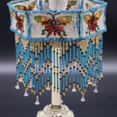 Antique Beaded Lamp Shade with Butterfly Design and Blue Fringe
