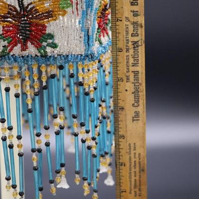 Antique Beaded Lamp Shade with Butterfly Design and Blue Fringe
