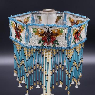Antique Beaded Lamp Shade with Butterfly Design and Blue Fringe