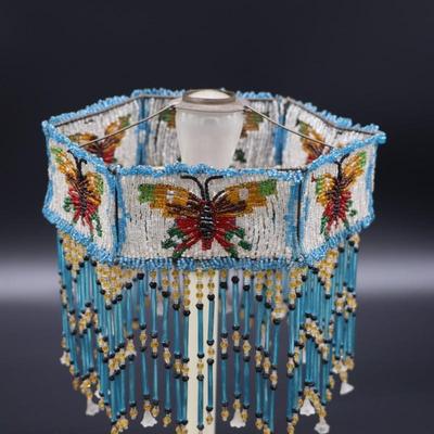 Antique Beaded Lamp Shade with Butterfly Design and Blue Fringe