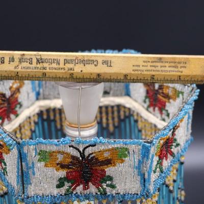 Antique Beaded Lamp Shade with Butterfly Design and Blue Fringe