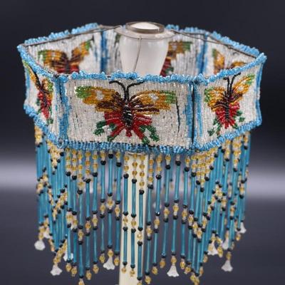 Antique Beaded Lamp Shade with Butterfly Design and Blue Fringe