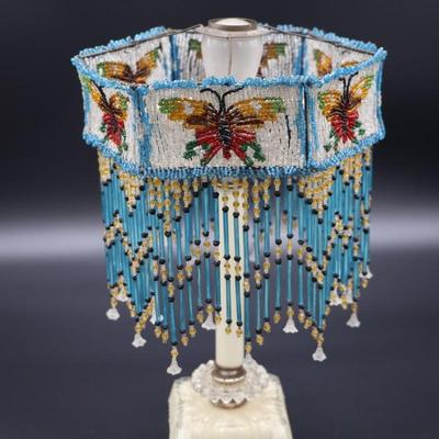 Antique Beaded Lamp Shade with Butterfly Design and Blue Fringe