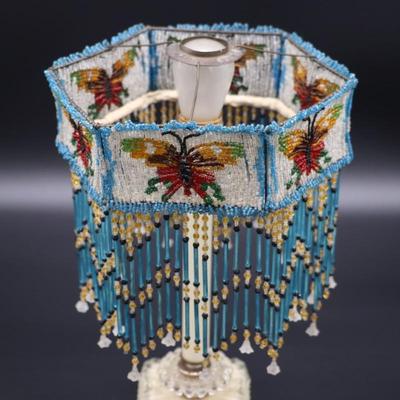 Antique Beaded Lamp Shade with Butterfly Design and Blue Fringe