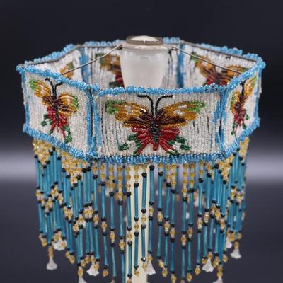 Antique Beaded Lamp Shade with Butterfly Design and Blue Fringe