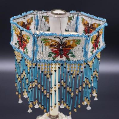 Antique Beaded Lamp Shade with Butterfly Design and Blue Fringe