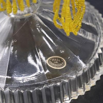 Pair of Antique Czechoslovakian Crystal Candlesticks and Beaded Yellow Fringe Shades